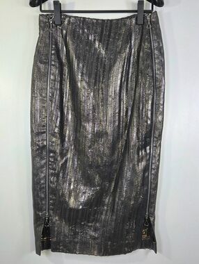RARE ARCHIVAL ALEXX BROWN LASER CUT METALLIC LIQUID METAL MIDI SKIRT.
